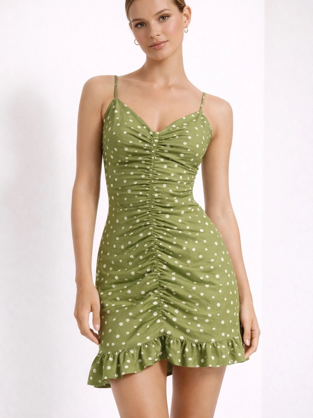 Zara linen Olive Green Polka Dot Ruched Slip Dress